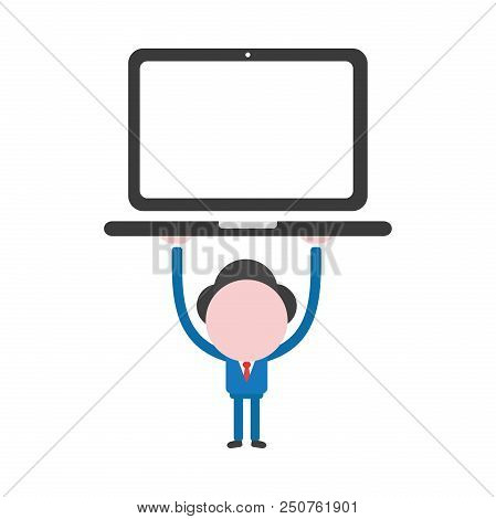 Vector Cartoon Illustration Concept Of Faceless Businessman Mascot Character Holding Up Laptop Compu