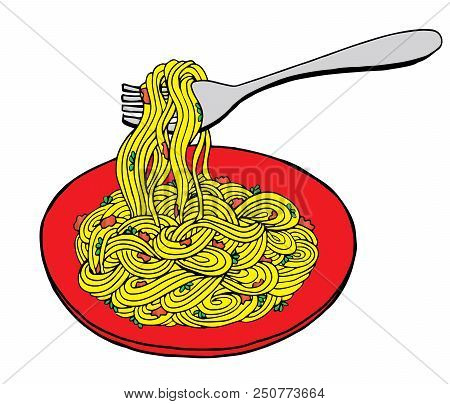 Doodle Noodle At Plate And Fork. Hand Drawing