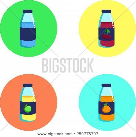 Bright colorful bottles with juice and water