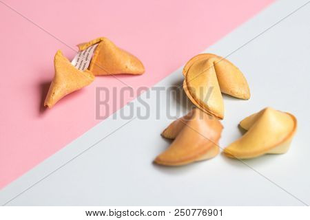 Fortune Cookie On Pink And Blue Background, Pastel Colors