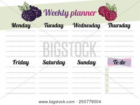 Weekly Planner Template. Horizontal Blank Form. Format A4. Cute Page For Notes With Raspberry And Bl