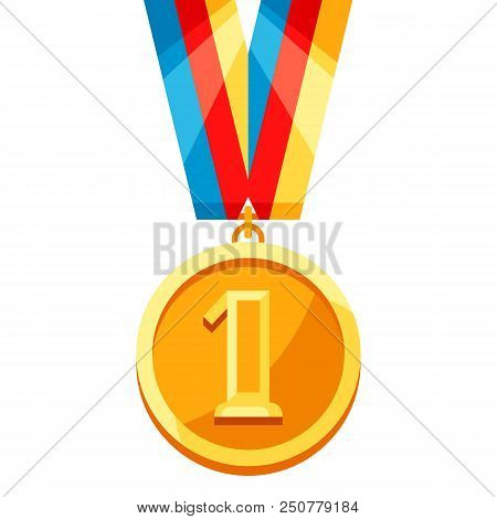 Gold Medal With Multi Colored Ribbon. Illustration Of Award For Sports Or Corporate Competitions.