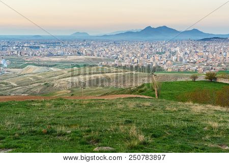View Of Urmia City From Ser Mountain On Sunset. Iran