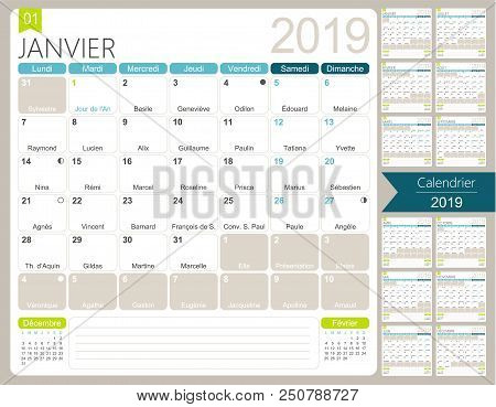 French Calendar 2019 Calendar 2019, Set Of 12 Months January - December, French Printable Monthly Ca