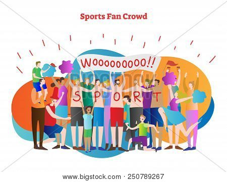 Sports Fan Crowd Vector Illustration. Enthusiasts And Cheerleader Supports Team, Athlete Or Club In 