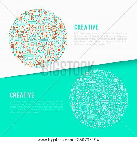Creative Concept In Circle With Thin Line Icons: Generation Of Idea, Start Up, Brief, Brainstorming,