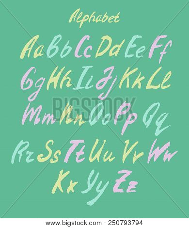 Hand Drawn Color Alphabet. Vector Letter On Green