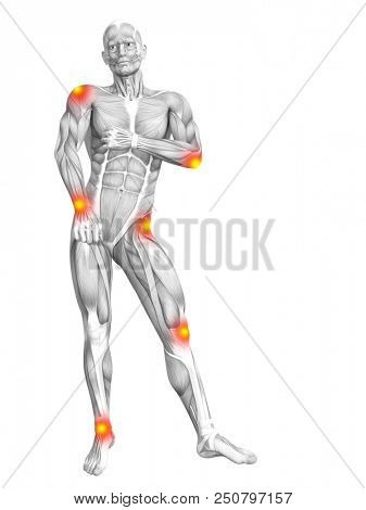Conceptual human muscle anatomy with red and yellow hot spot inflammation or articular joint pain for health care therapy or sport concepts. 3D illustration man arthritis or bone osteoporosis disease