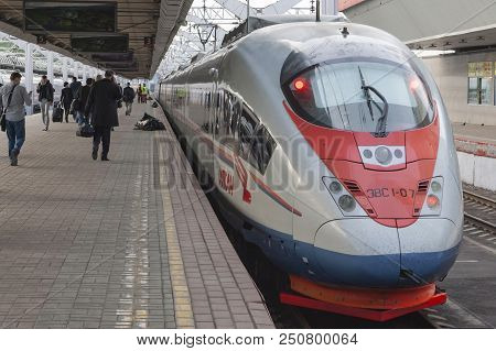 The High Speed Passenger Train Sapsan On The Platform Of The Leningrad Station.