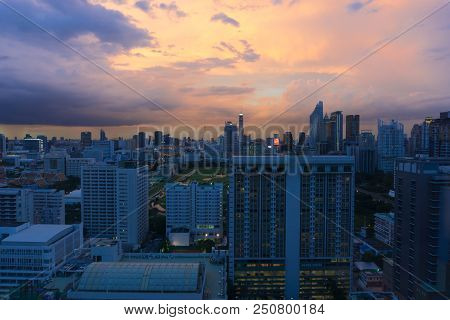Bangkok, Thailand - Jul 3,2018 : Storm Clouds With Rain Passing Over Sky Of Bangkok Cityscape. 4k Ti