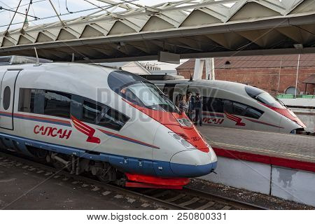 The High Speed Passenger Train Sapsan On The Platform Of The Leningrad Station.