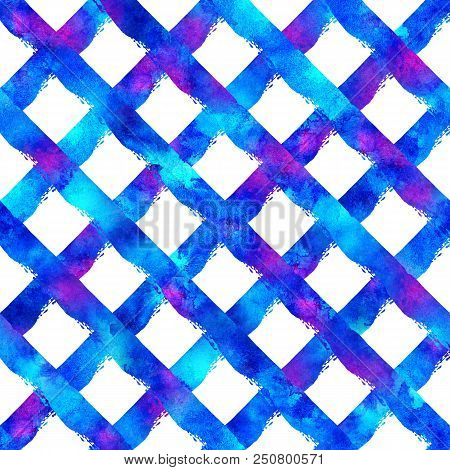 Seamless Pattern Brush Stripes Plaid. Blue Color On White Background. Hand Painted Grange Texture. I