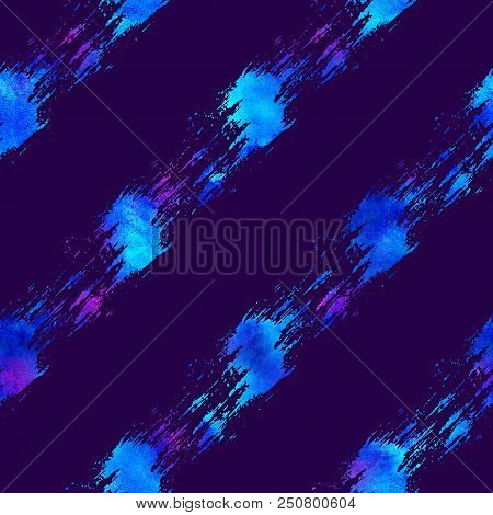 Colorful Seamless Pattern With Brush Strokes And Dots. Bluewatercolor Color On Dark Background. Hand