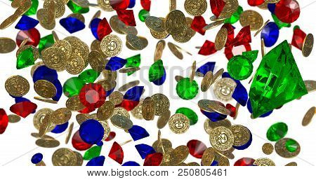 Rain Of Vintage Gold Coins With Skulls And Jemstones On White Background. Pirate Treasure. 3d Render