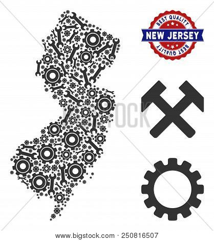 Service New Jersey State Map Mosaic Of Service Tools. Abstract Territorial Scheme In Gray Color And 