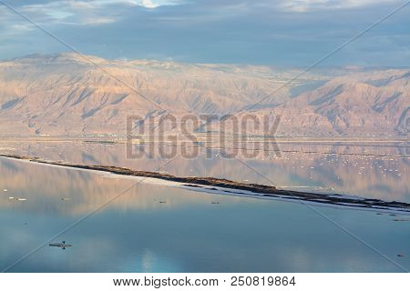 Sunset Over Lowest Salty Lake In World Below Sea Level Dead Sea, Full Of Minerals Near Luxury Vacati