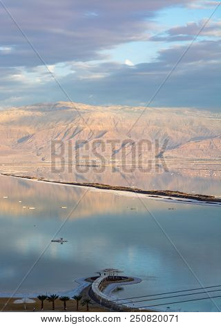Sunset Over Lowest Salty Lake In World Below Sea Level Dead Sea, Full Of Minerals Near Luxury Vacati