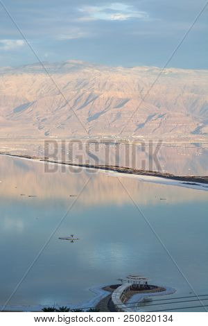 Sunset Over Lowest Salty Lake In World Below Sea Level Dead Sea, Full Of Minerals Near Luxury Vacati