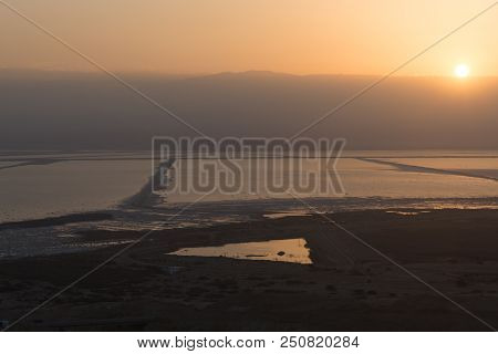 Landscape With Sunrise Over Lowest Salty Lake In World Below Sea Level Dead Sea, Full Of Minerals Ne