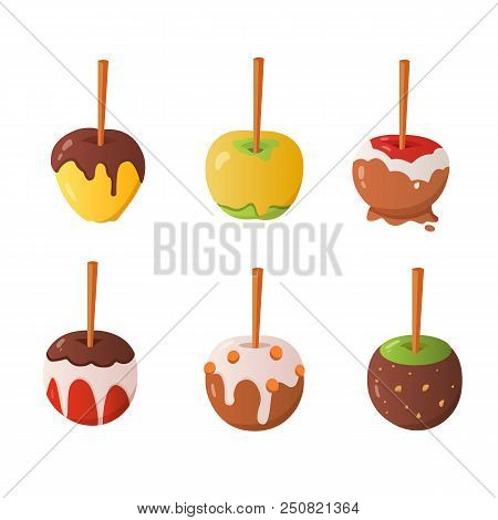 Sweet Caramel And Chocolate Candy Apple Set. Vector Illustration In Cartoon Style