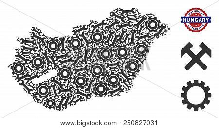 Repair Service Hungary Map Composition Of Service Tools. Abstract Geographic Scheme In Gray Color An