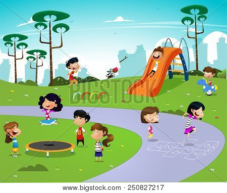 Children Playing In The Playground. Cartoon Vector Illustration