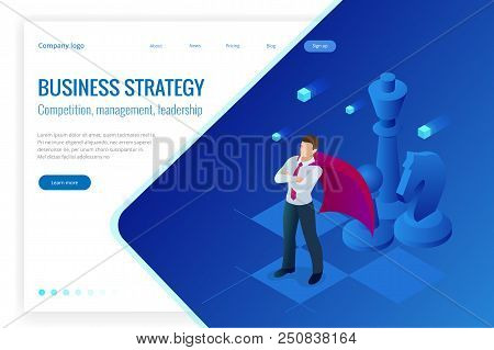 Isometric Businessman Standing On Chess Board. Strategy, Management, Leadership Concept. Business St