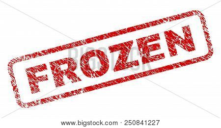 Frozen Stamp Seal Print With Scratced Style. Red Vector Rubber Print Of Frozen Label With Dust Textu
