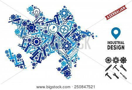 Industrial Azerbaijan Map Composition Of Cogs, Wrenches, Hammers And Other Instruments. Abstract Ter