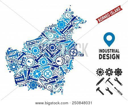 Service Borneo Island Map Composition Of Wheels, Spanners, Hammers And Other Tools. Abstract Territo