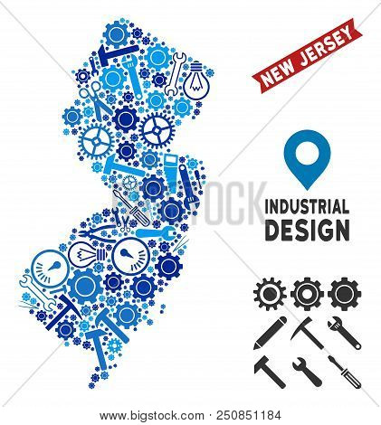 Workshop New Jersey State Map Composition Of Gearwheels, Spanners, Hammers And Other Tools. Abstract