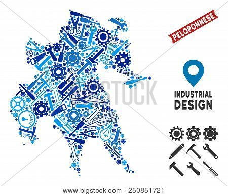 Industrial Peloponnese Peninsula Map Composition Of Gearwheels, Spanners, Hammers And Other Hardware
