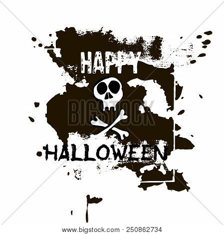 Halloween Greeting Card. Hand Drawn Skull And Bones. Abstract Hand Painted Grunge Backgroung With Sp