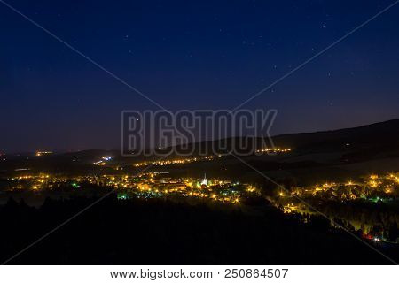 Night Sky With Village Kremze, Czech Landscape