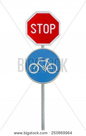 Road Sign For A Bicycle Lane And Stop Sign Isolated On White
