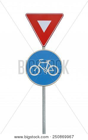 Road Sign For A Bicycle Lane And Triangle Isolated On White