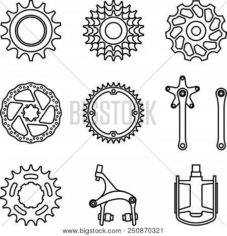 Different Kinds Of Bicycle Parts. Vector Thin Line