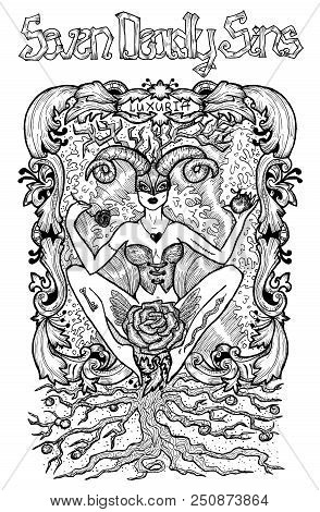 Lust. Latin Word Luxuria Means Passion, Sexual Desire. Seven Deadly Sins Concept, Black And White Li