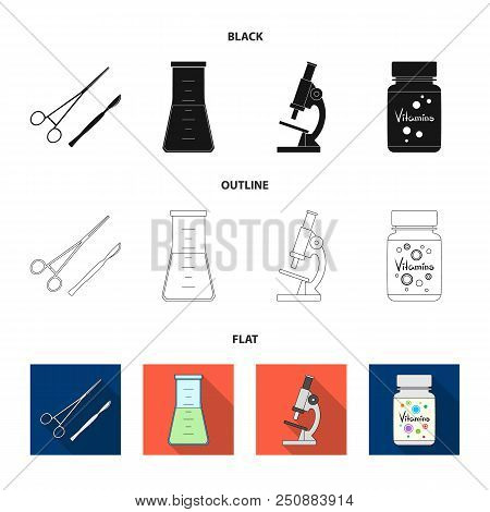 A Bank Of Vitamins, A Flask With A Solution And Other Equipment.medicine Set Collection Icons In Bla