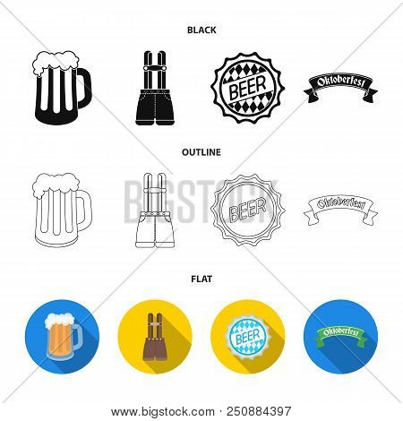 Shorts With Suspenders, A Glass Of Beer, A Sign, An Emblem. Oktoberfest Set Collection Icons In Blac