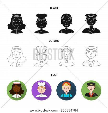 A Nurse, A Cook , A Taxi . People Of Different Professions Set Collection Icons In Black, Flat, Outl
