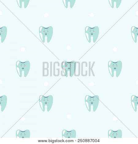 Cute Teeth Baby Dental Blue Pattern Background. Seamless Tooth Vector Pattern For Clinic Uniform Fab