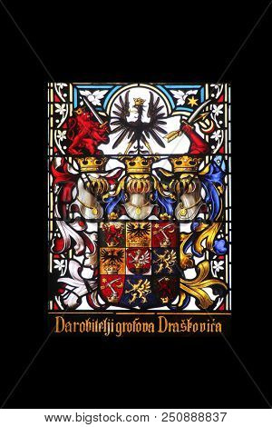 ZAGREB, CROATIA - SEPTEMBER 26: Coat of arms of the Counts Draskovic, stained glass in Zagreb cathedral dedicated to the Assumption of Mary in Zagreb on September 26, 2013.