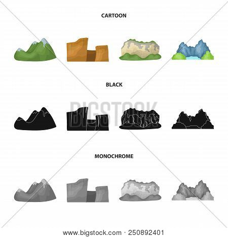 Green Mountains With Snow Tops, A Canyon, Rocks With Forests, A Lagoon And Rocks. Different Mountain