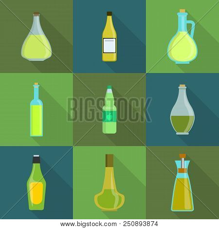 Vinegar Bottle Icons Set. Flat Illustration Of 9 Vinegar Bottle Icons For Web