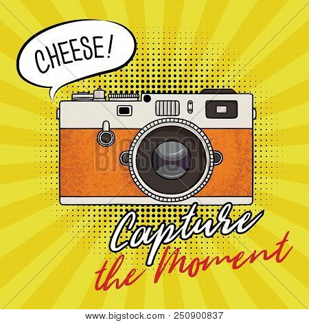 Vector Illustration Of A Retro Photo Camera In A Pop Art Style. Vintage Photo Camera Icon. Capture T