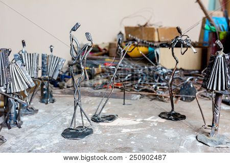 Figures Of Music Performers Accordionist, Violinist And Vocal Are Performing Together. Dancers Are D