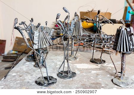 Figures Of Music Performers Accordionist, Violinist And Vocal Are Performing Together. Dancers Are D