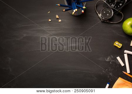 School Supplies, Alarm, Pencils On Blackboard. Concept: Back To School, School's Out, School Holiday