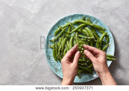 Female hands open young pea sticks. Natural green vegetables for cooking healthy food on a gray marble kitchen table with place fot text.